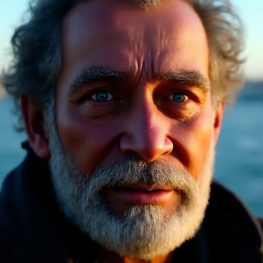 OrbitQuant W2A4 (Ours): An elderly fisherman with weathered skin, gray beard, wrinkles, piercing blue eyes, golden hour lighting, ultra realistic photography