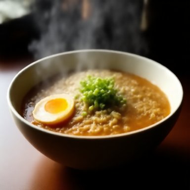 OrbitQuant W2A4 (Ours): A steaming bowl of ramen with soft-boiled egg, pork chashu, green onions, food photography