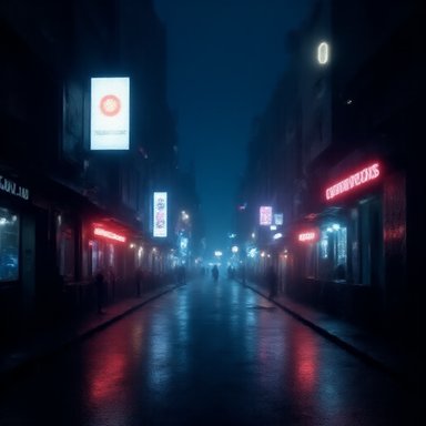 OrbitQuant W2A4 (Ours): A futuristic city street at night with neon advertisements, reflections on wet pavement, cyberpunk aesthetic