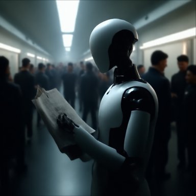 OrbitQuant W2A4 (Ours): A humanoid robot reading a newspaper in a crowded subway station, photorealistic, cinematic lighting