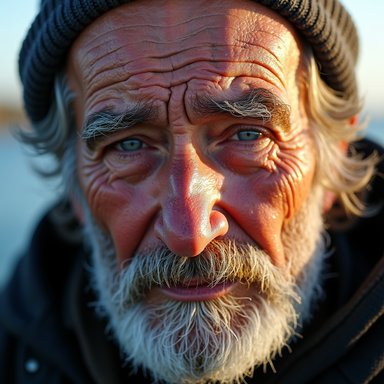 BF16: An elderly fisherman with weathered skin, gray beard, wrinkles, piercing blue eyes, golden hour lighting, ultra realistic photography