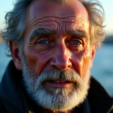 OrbitQuant W3A3 (Ours): An elderly fisherman with weathered skin, gray beard, wrinkles, piercing blue eyes, golden hour lighting, ultra realistic photography