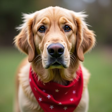 BF16: A golden retriever wearing a red bandana, close-up portrait, detailed fur texture, shallow depth of field