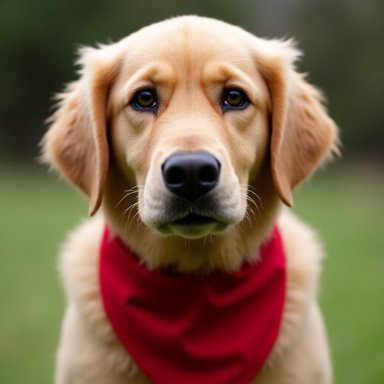 OrbitQuant W3A3 (Ours): A golden retriever wearing a red bandana, close-up portrait, detailed fur texture, shallow depth of field