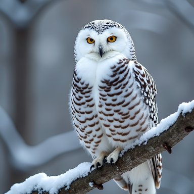 BF16: A snowy owl perched on a branch, intricate feathers, winter atmosphere, ultra detailed nature photography