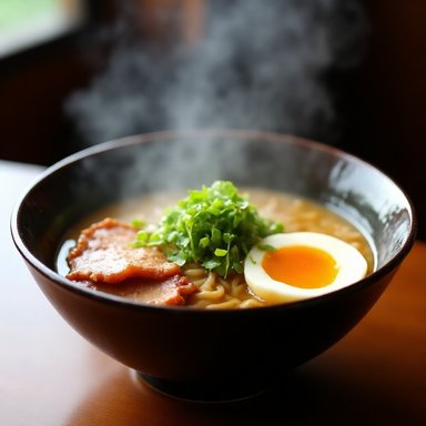 OrbitQuant W3A3 (Ours): A steaming bowl of ramen with soft-boiled egg, pork chashu, green onions, food photography