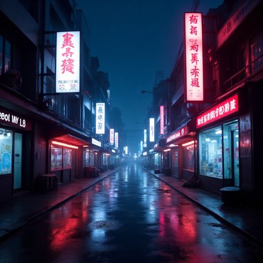 OrbitQuant W3A3 (Ours): A futuristic city street at night with neon advertisements, reflections on wet pavement, cyberpunk aesthetic