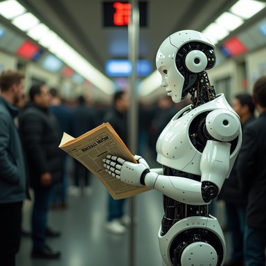 BF16: A humanoid robot reading a newspaper in a crowded subway station, photorealistic, cinematic lighting
