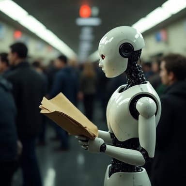 OrbitQuant W3A3 (Ours): A humanoid robot reading a newspaper in a crowded subway station, photorealistic, cinematic lighting