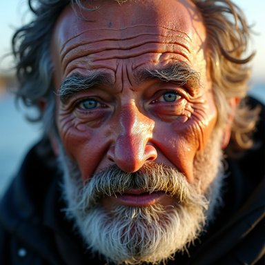OrbitQuant W4A4 (Ours): An elderly fisherman with weathered skin, gray beard, wrinkles, piercing blue eyes, golden hour lighting, ultra realistic photography