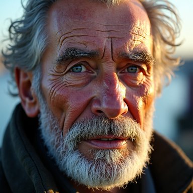 QuaRot W4A4: An elderly fisherman with weathered skin, gray beard, wrinkles, piercing blue eyes, golden hour lighting, ultra realistic photography