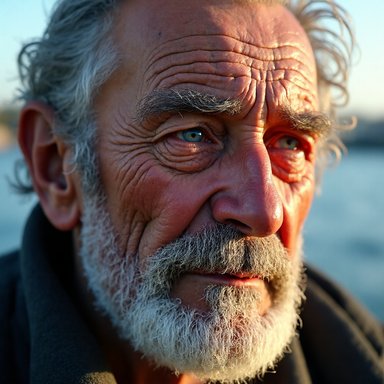 ViDiT-Q W4A4: An elderly fisherman with weathered skin, gray beard, wrinkles, piercing blue eyes, golden hour lighting, ultra realistic photography