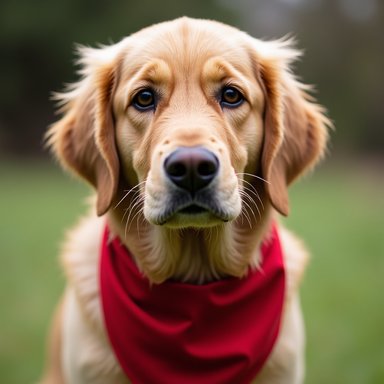 OrbitQuant W4A4 (Ours): A golden retriever wearing a red bandana, close-up portrait, detailed fur texture, shallow depth of field