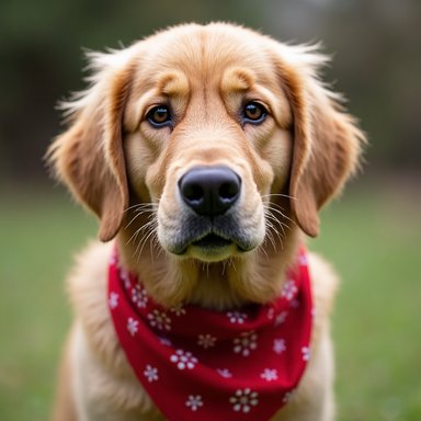 QuaRot W4A4: A golden retriever wearing a red bandana, close-up portrait, detailed fur texture, shallow depth of field