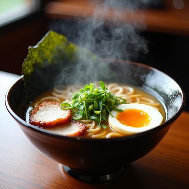 BF16: A steaming bowl of ramen with soft-boiled egg, pork chashu, green onions, food photography