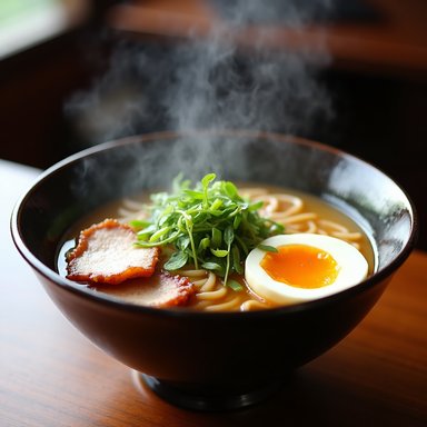 OrbitQuant W4A4 (Ours): A steaming bowl of ramen with soft-boiled egg, pork chashu, green onions, food photography