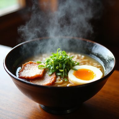 QuaRot W4A4: A steaming bowl of ramen with soft-boiled egg, pork chashu, green onions, food photography