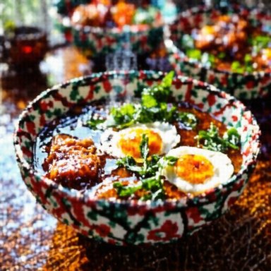 SmoothQuant W4A4: A steaming bowl of ramen with soft-boiled egg, pork chashu, green onions, food photography