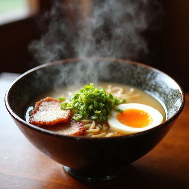 ViDiT-Q W4A4: A steaming bowl of ramen with soft-boiled egg, pork chashu, green onions, food photography
