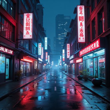BF16: A futuristic city street at night with neon advertisements, reflections on wet pavement, cyberpunk aesthetic