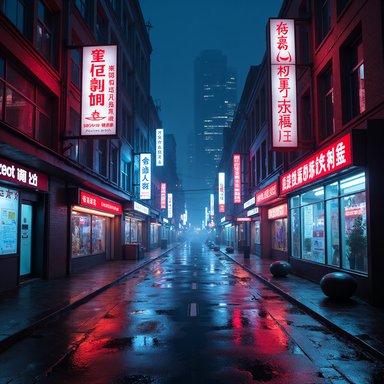 OrbitQuant W4A4 (Ours): A futuristic city street at night with neon advertisements, reflections on wet pavement, cyberpunk aesthetic