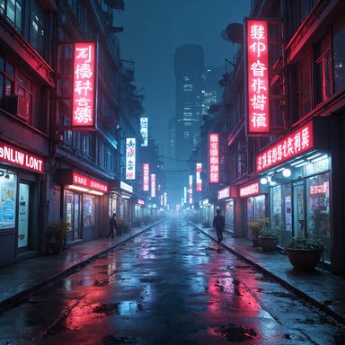 QuaRot W4A4: A futuristic city street at night with neon advertisements, reflections on wet pavement, cyberpunk aesthetic
