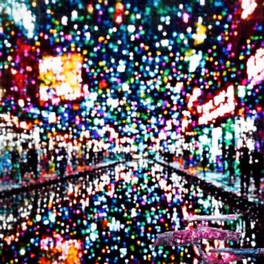 SmoothQuant W4A4: A futuristic city street at night with neon advertisements, reflections on wet pavement, cyberpunk aesthetic