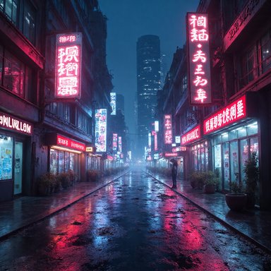 ViDiT-Q W4A4: A futuristic city street at night with neon advertisements, reflections on wet pavement, cyberpunk aesthetic