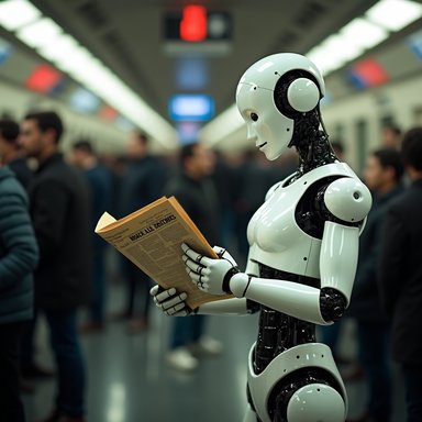 OrbitQuant W4A4 (Ours): A humanoid robot reading a newspaper in a crowded subway station, photorealistic, cinematic lighting