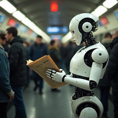 QuaRot W4A4: A humanoid robot reading a newspaper in a crowded subway station, photorealistic, cinematic lighting
