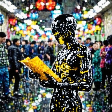 SmoothQuant W4A4: A humanoid robot reading a newspaper in a crowded subway station, photorealistic, cinematic lighting