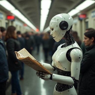 ViDiT-Q W4A4: A humanoid robot reading a newspaper in a crowded subway station, photorealistic, cinematic lighting